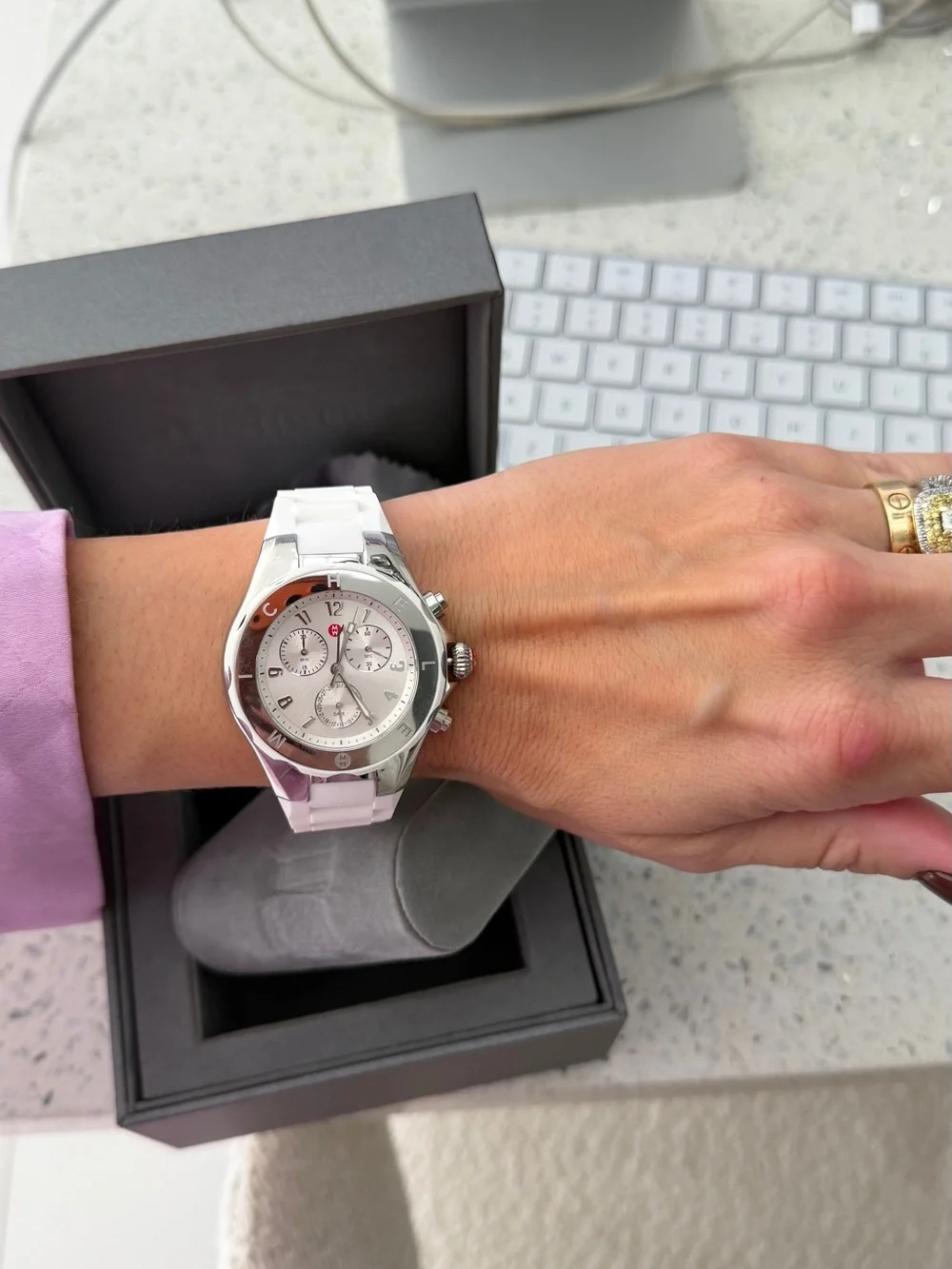 Michele White Chronograph Watch with Silver-Tone Case